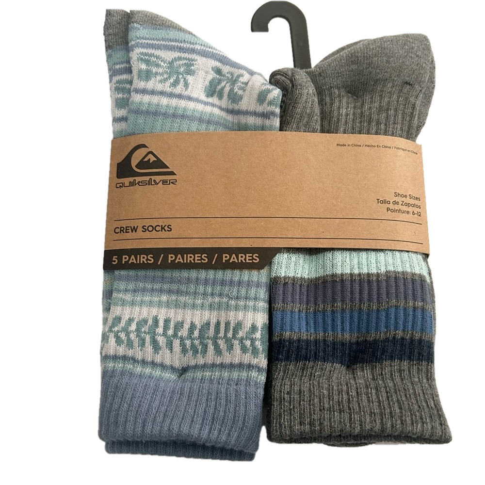 Quicksilver Men’s 5 Pairs of Crew Socks Grey Whitee Blue Size 6 - 12 NWT